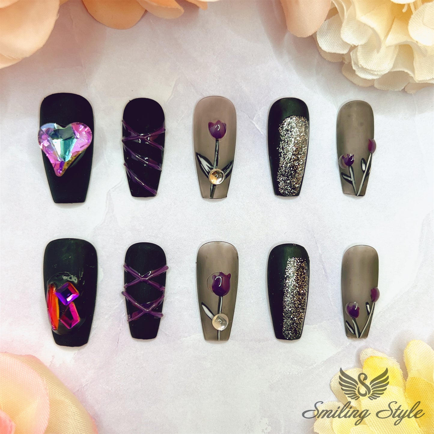 Big Purple Diamond Black Love Press On Nails by SMILINGSTYLE | Luxury Fake Nails | Reusable Nails | Handmade Nails