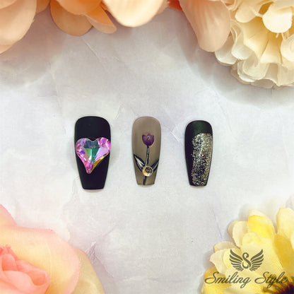 Big Purple Diamond Black Love Press On Nails by SMILINGSTYLE | Luxury Fake Nails | Reusable Nails | Handmade Nails