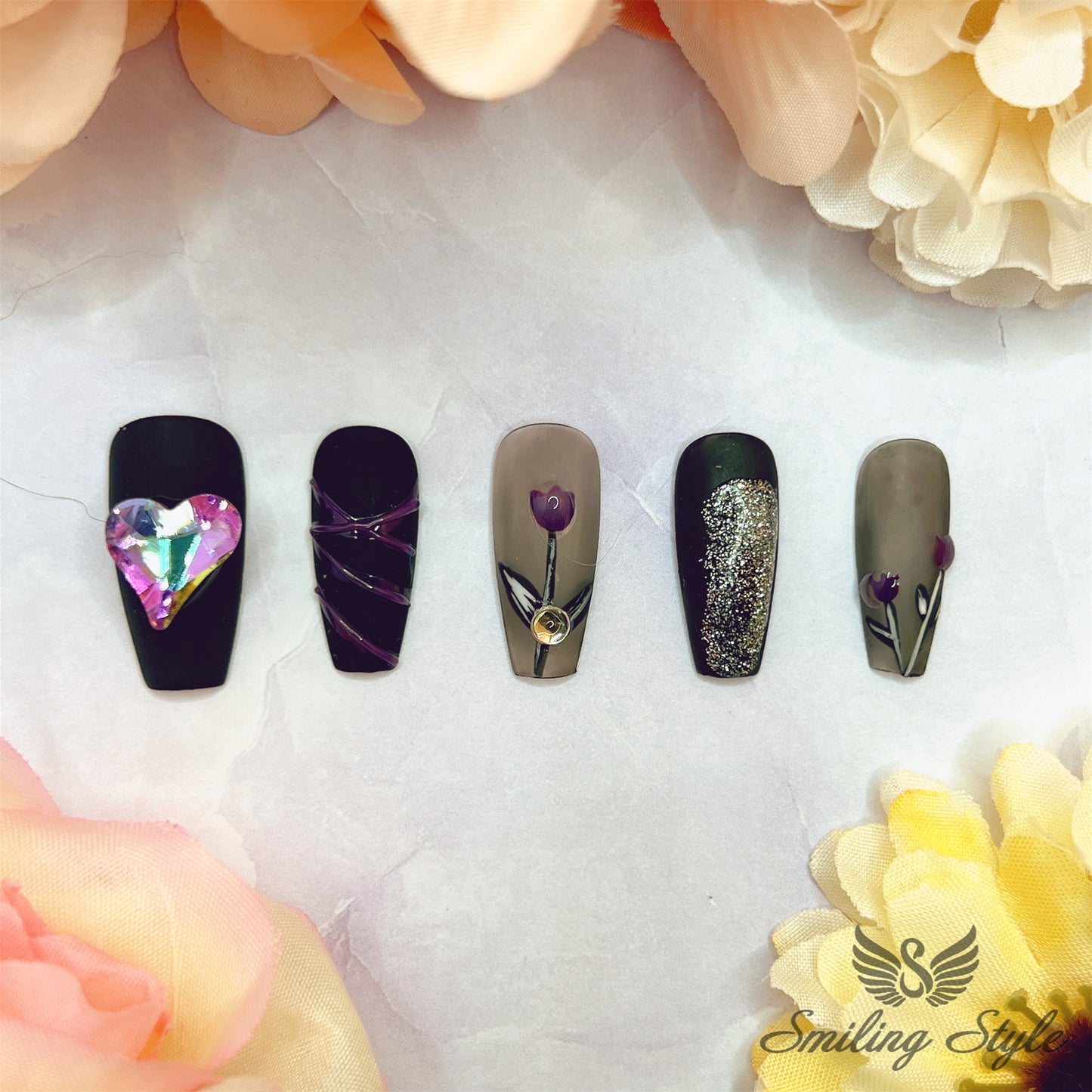 Big Purple Diamond Black Love Press On Nails by SMILINGSTYLE | Luxury Fake Nails | Reusable Nails | Handmade Nails