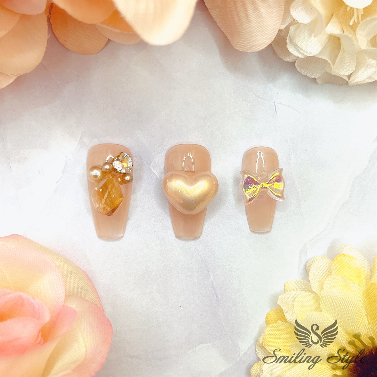 Nude Pearl Love Press On Nails by SMILINGSTYLE | Luxury Fake Nails | Reusable Nails | Handmade Nails