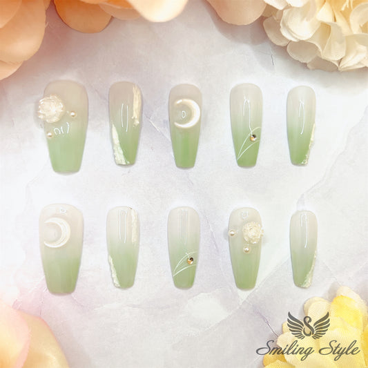 Gradient Moon Green Press On Nails by SMILINGSTYLE | Luxury Fake Nails | Reusable Nails | Handmade Nails