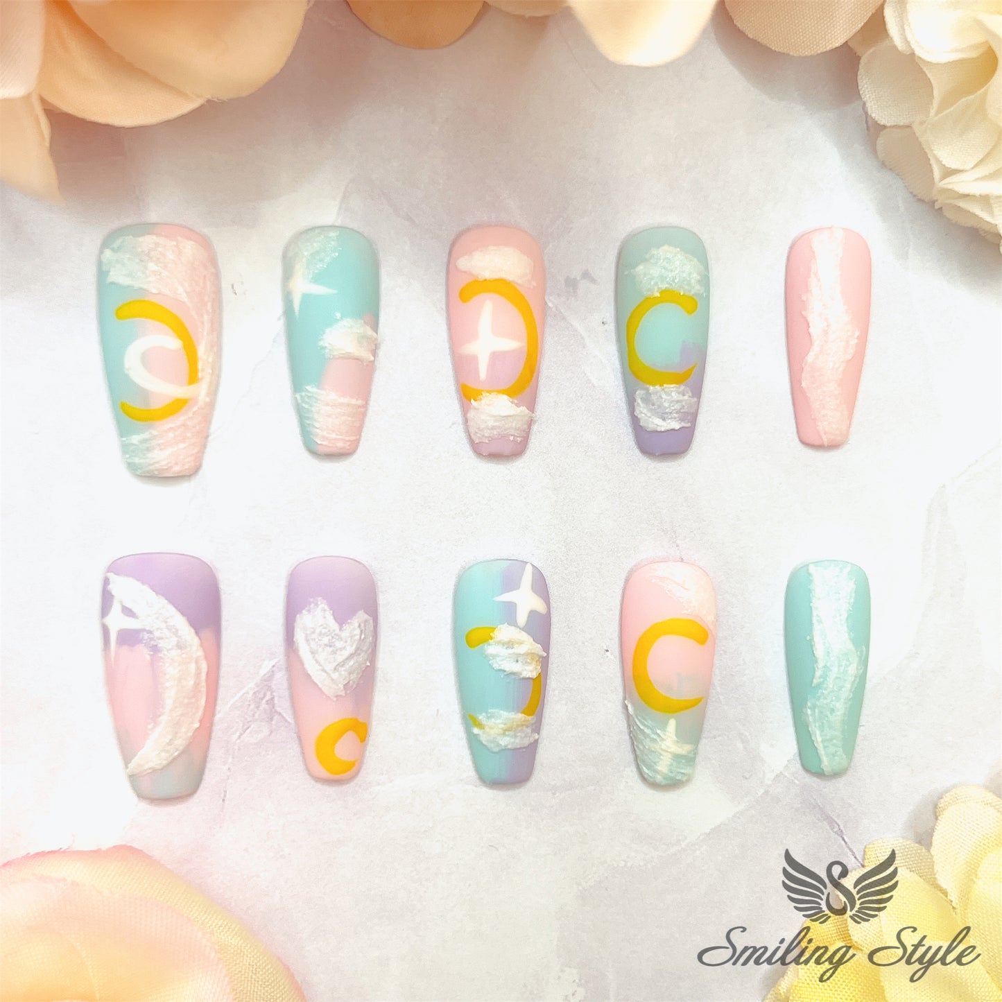 Gypsum Moon Love Press On Nails by SMILINGSTYLE | Luxury Fake Nails | Reusable Nails | Handmade Nails