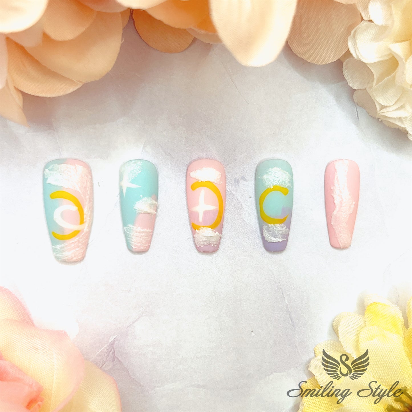 Gypsum Moon Love Press On Nails by SMILINGSTYLE | Luxury Fake Nails | Reusable Nails | Handmade Nails