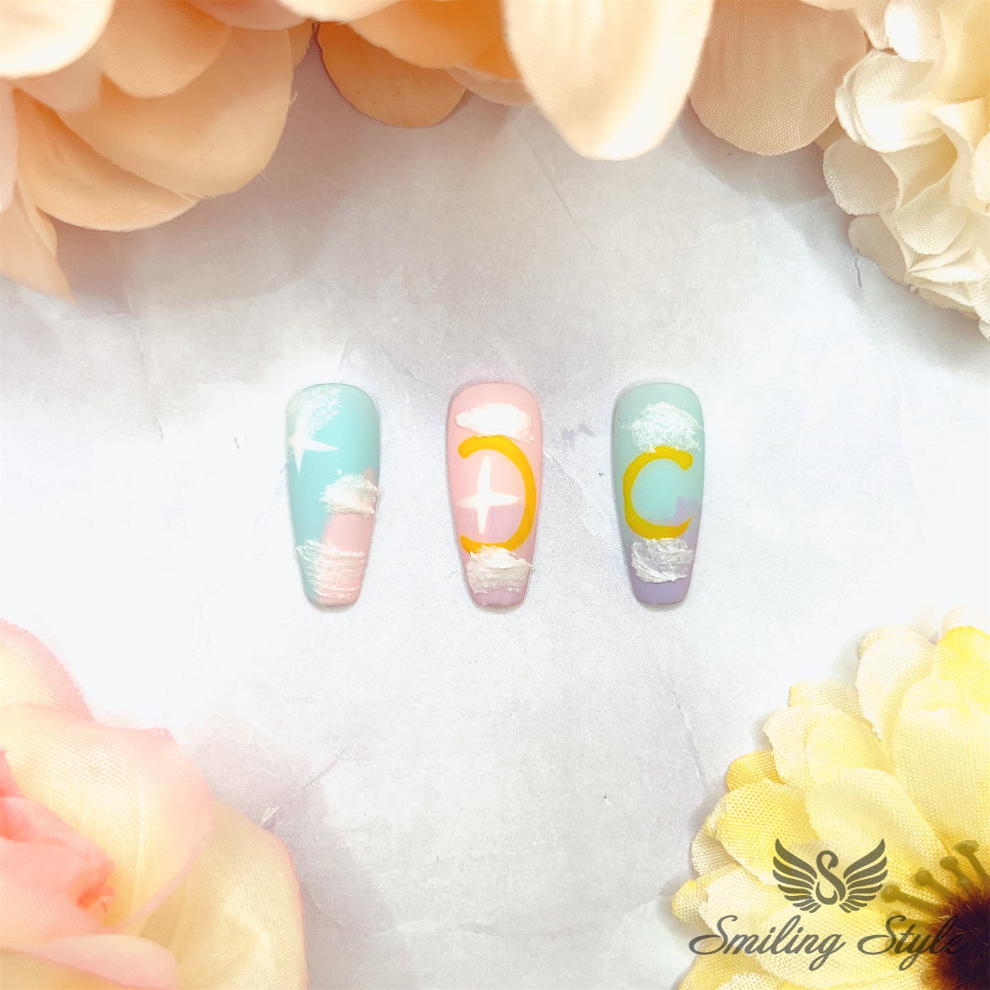 Gypsum Moon Love Press On Nails by SMILINGSTYLE | Luxury Fake Nails | Reusable Nails | Handmade Nails