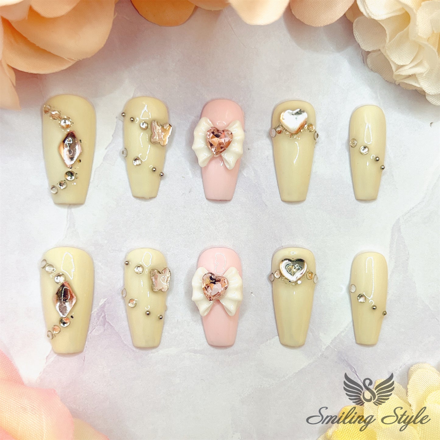 Big White and Pink Bow Press On Nails by SMILINGSTYLE | Luxury Fake Nails | Reusable Nails | Handmade Nails