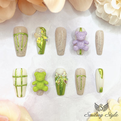 Purple and Green Grass Bea Press On Nails by SMILINGSTYLE | Luxury Fake Nails | Reusable Nails | Handmade Nailsr