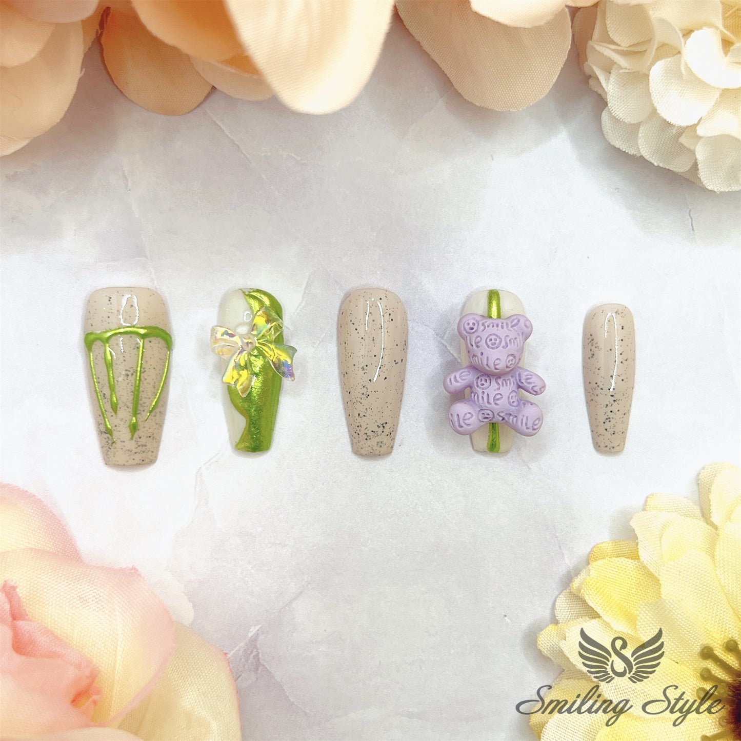 Purple and Green Grass Bea Press On Nails by SMILINGSTYLE | Luxury Fake Nails | Reusable Nails | Handmade Nailsr