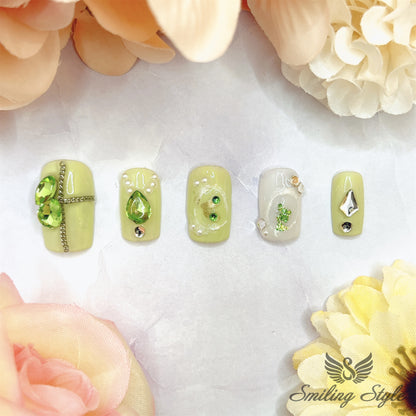 Green Tear Diamond Press On Nails by SMILINGSTYLE | Luxury Fake Nails | Reusable Nails | Handmade Nails