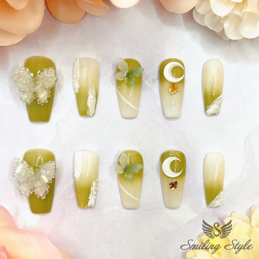 Green Big Butterfly Press On Nails by SMILINGSTYLE | Luxury Fake Nails | Reusable Nails | Handmade Nails