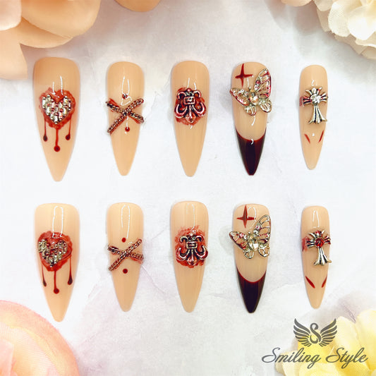 Drop of Love Blood Press On Nails by SMILINGSTYLE | Luxury Fake Nails | Reusable Nails | Handmade Nails