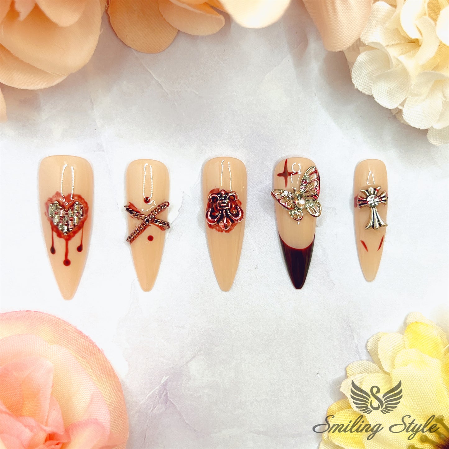 Drop of Love Blood Press On Nails by SMILINGSTYLE | Luxury Fake Nails | Reusable Nails | Handmade Nails