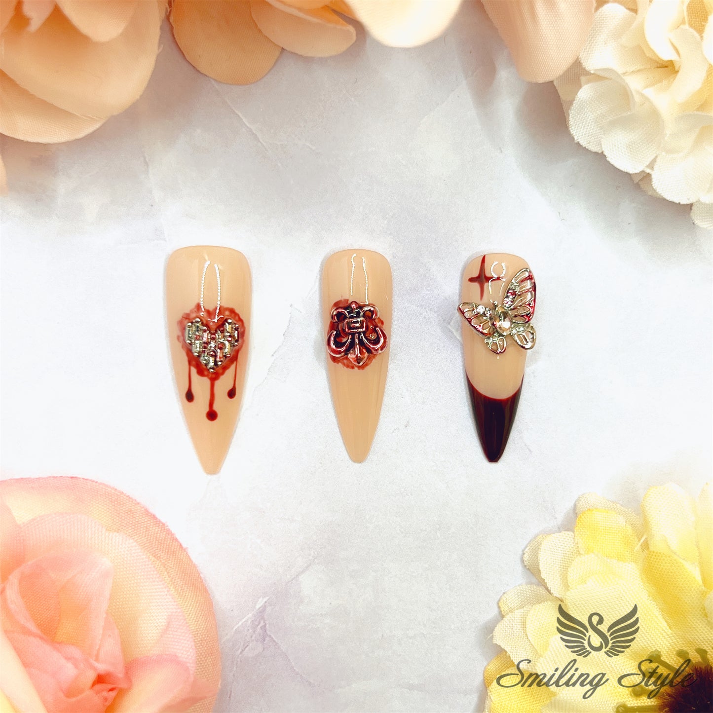 Drop of Love Blood Press On Nails by SMILINGSTYLE | Luxury Fake Nails | Reusable Nails | Handmade Nails