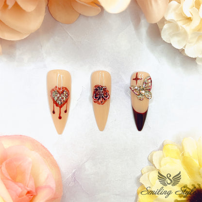 Drop of Love Blood Press On Nails by SMILINGSTYLE | Luxury Fake Nails | Reusable Nails | Handmade Nails