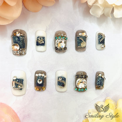 Cowboy Chain Jeans Press On Nails by SMILINGSTYLE | Luxury Fake Nails | Reusable Nails | Handmade Nails