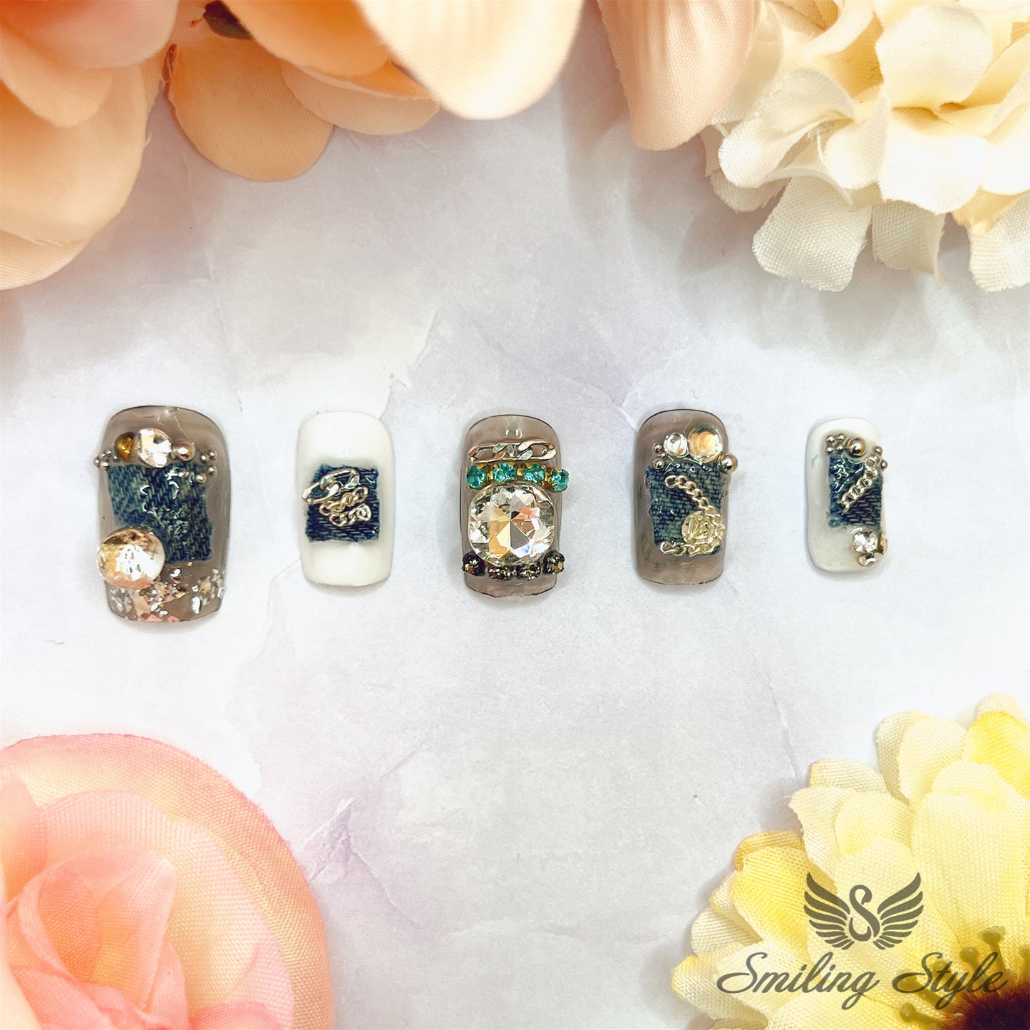 Cowboy Chain Jeans Press On Nails by SMILINGSTYLE | Luxury Fake Nails | Reusable Nails | Handmade Nails