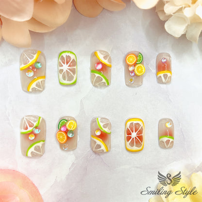 Summer Lemon Party Press On Nails by SMILINGSTYLE | Luxury Fake Nails | Reusable Nails | Handmade Nails