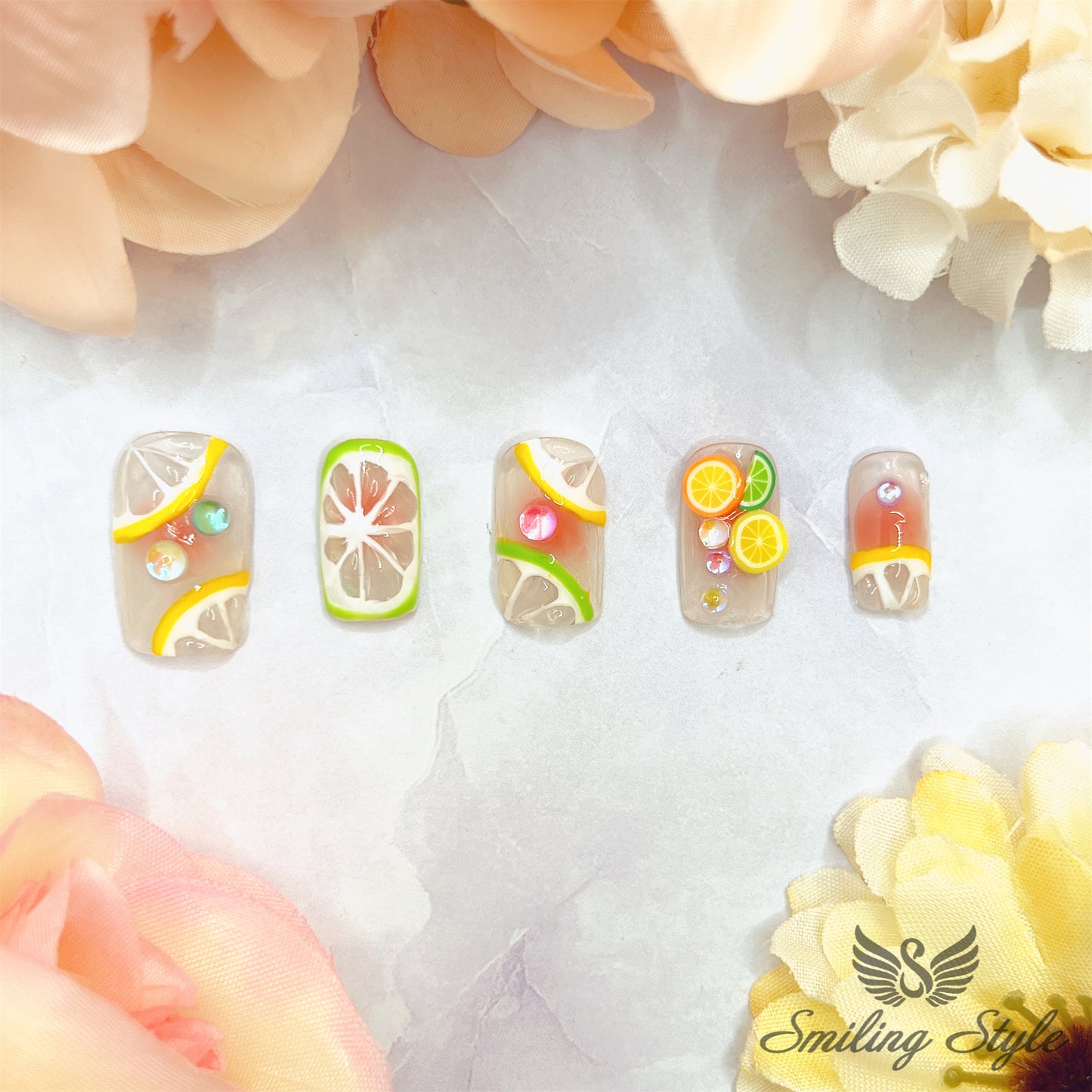 Summer Lemon Party Press On Nails by SMILINGSTYLE | Luxury Fake Nails | Reusable Nails | Handmade Nails