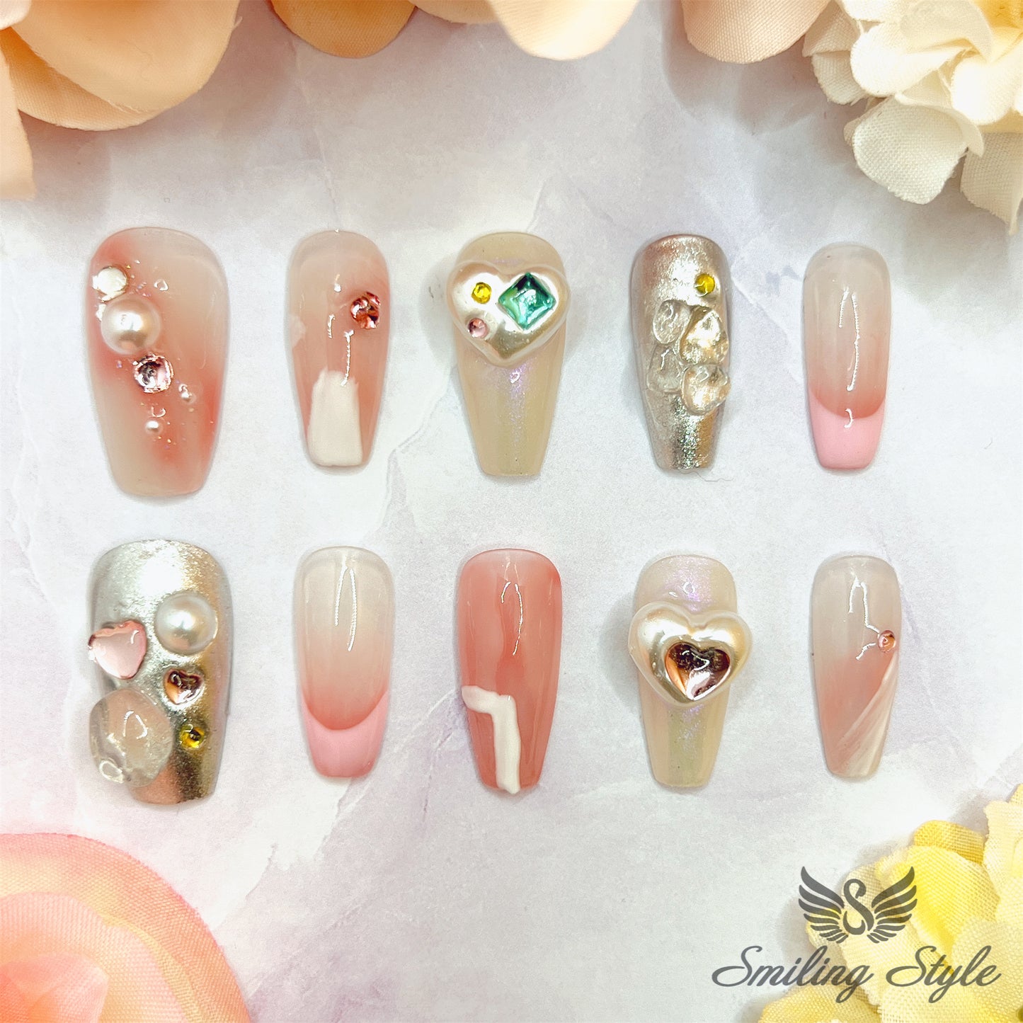 Pink Pearl Crystal Press On Nails by SMILINGSTYLE | Luxury Fake Nails | Reusable Nails | Handmade Nails