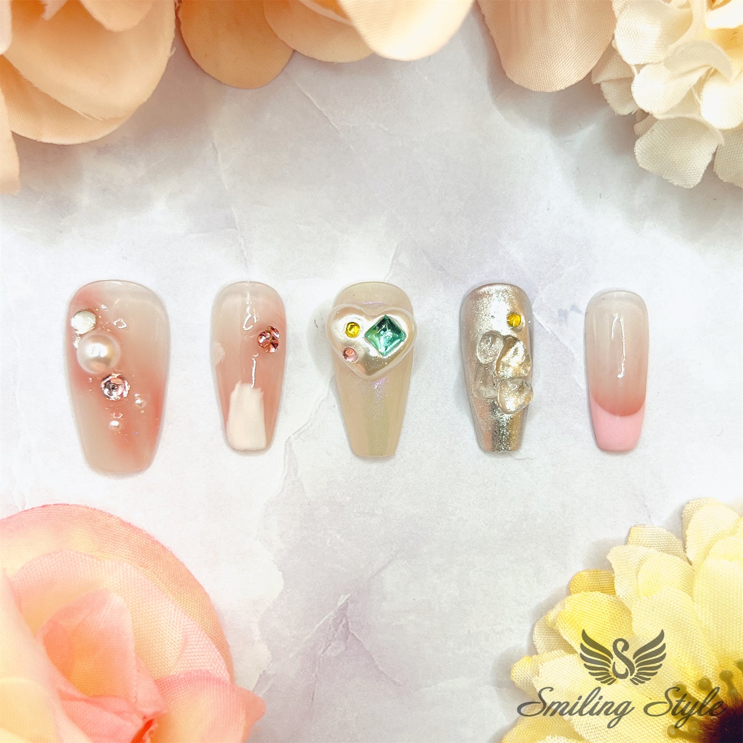 Pink Pearl Crystal Press On Nails by SMILINGSTYLE | Luxury Fake Nails | Reusable Nails | Handmade Nails