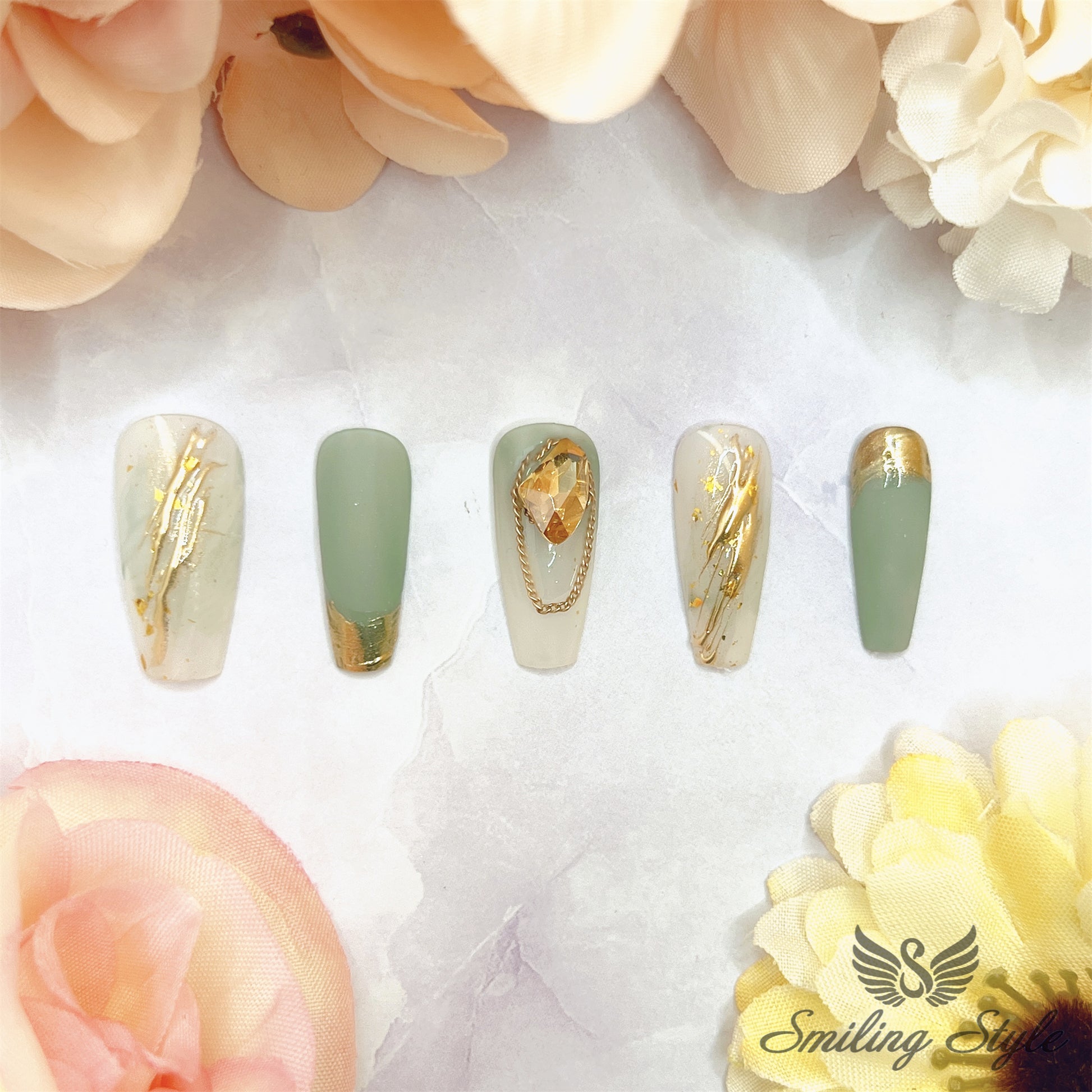 Gold Sculpture Flowers Handmade Press On Nail