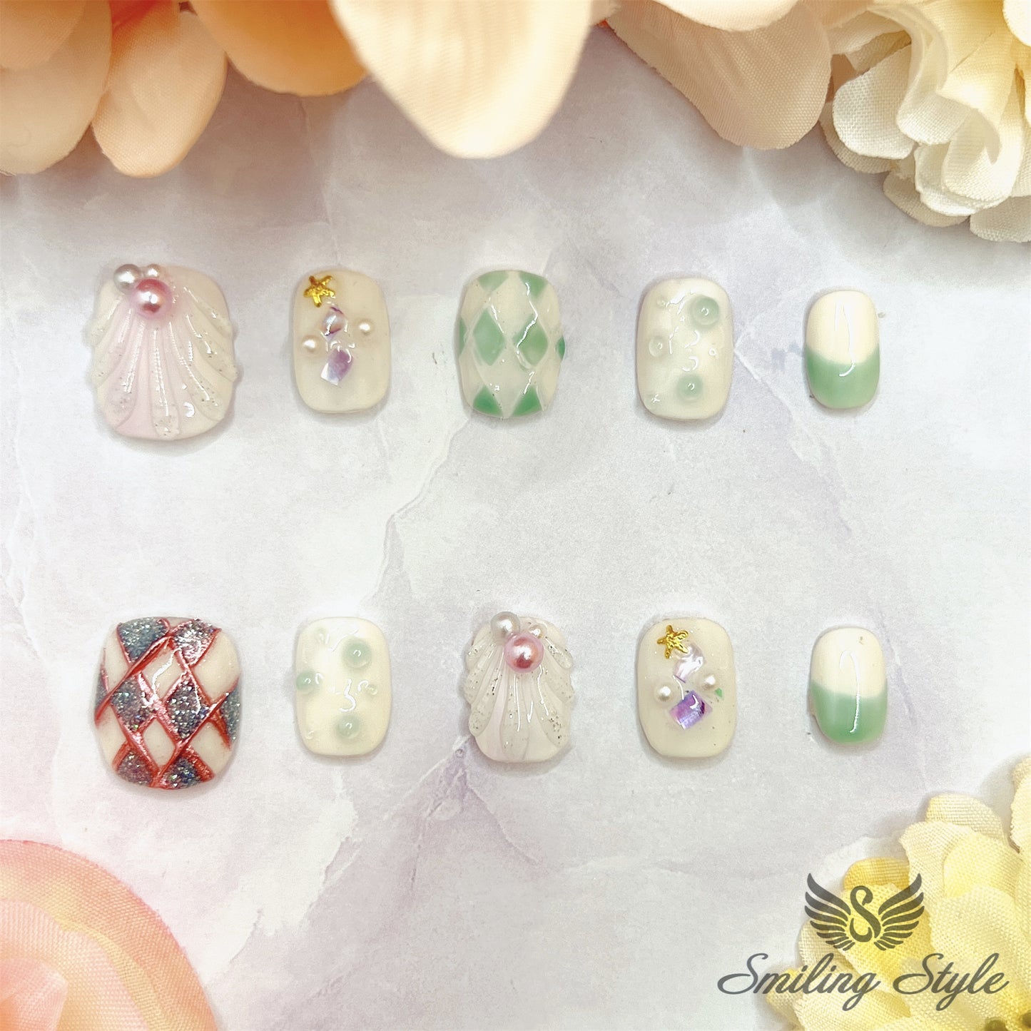 Rainbow Grid Fishtail Press On Nails by SMILINGSTYLE | Luxury Fake Nails | Reusable Nails | Handmade Nails