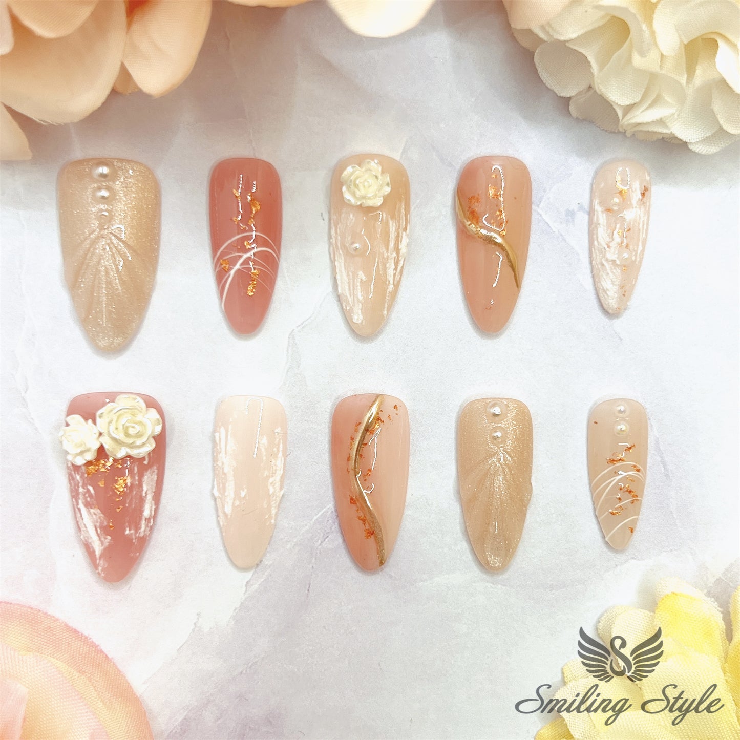 Sea Shell River of Camellia Press On Nails by SMILINGSTYLE | Luxury Fake Nails | Reusable Nails | Handmade Nails