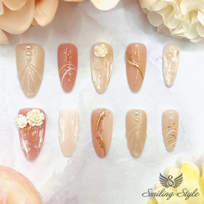 Sea Shell River of Camellia Press On Nails by SMILINGSTYLE | Luxury Fake Nails | Reusable Nails | Handmade Nails