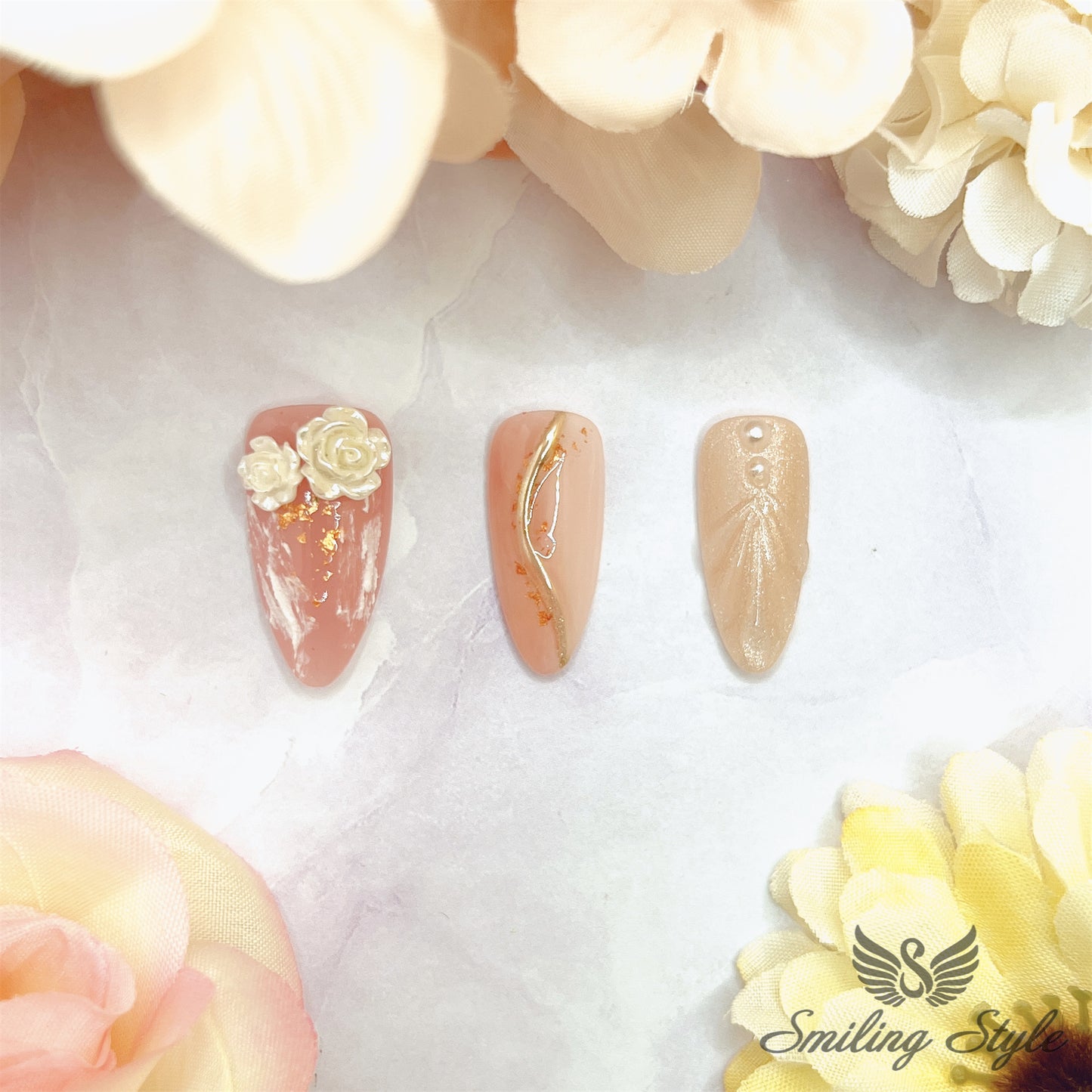 Sea Shell River of Camellia Press On Nails by SMILINGSTYLE | Luxury Fake Nails | Reusable Nails | Handmade Nails