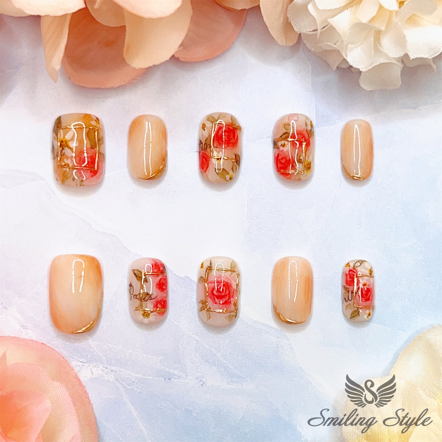 Tan Elegant Rose Press On Nails by SMILINGSTYLE | Luxury Fake Nails | Reusable Nails | Handmade Nails