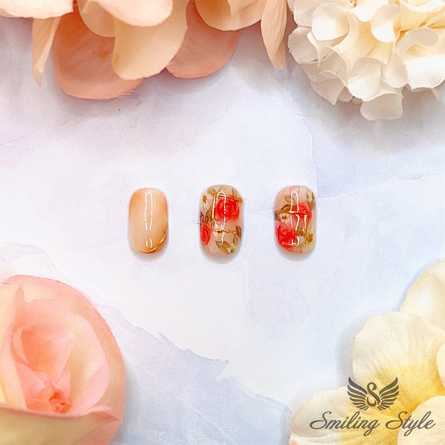 Tan Elegant Rose Press On Nails by SMILINGSTYLE | Luxury Fake Nails | Reusable Nails | Handmade Nails