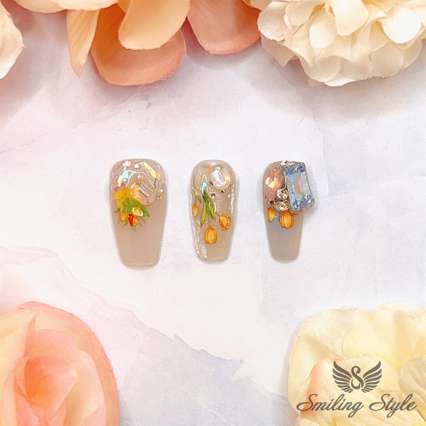 Dangling Bow Tulips Press On Nails by SMILINGSTYLE | Luxury Fake Nails | Reusable Nails | Handmade Nails