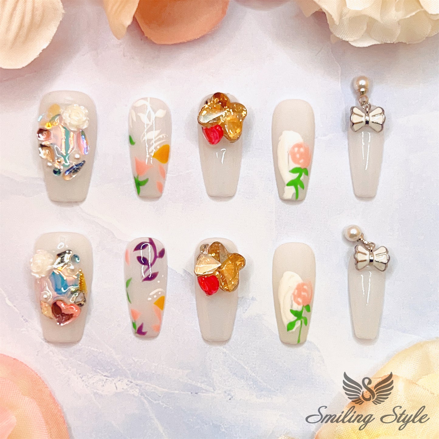 Flower Butterfly Garden Press On Nails by SMILINGSTYLE | Luxury Fake Nails | Reusable Nails | Handmade Nails