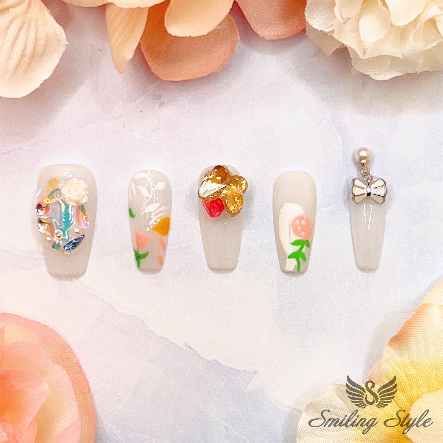 Flower Butterfly Garden Press On Nails by SMILINGSTYLE | Luxury Fake Nails | Reusable Nails | Handmade Nails