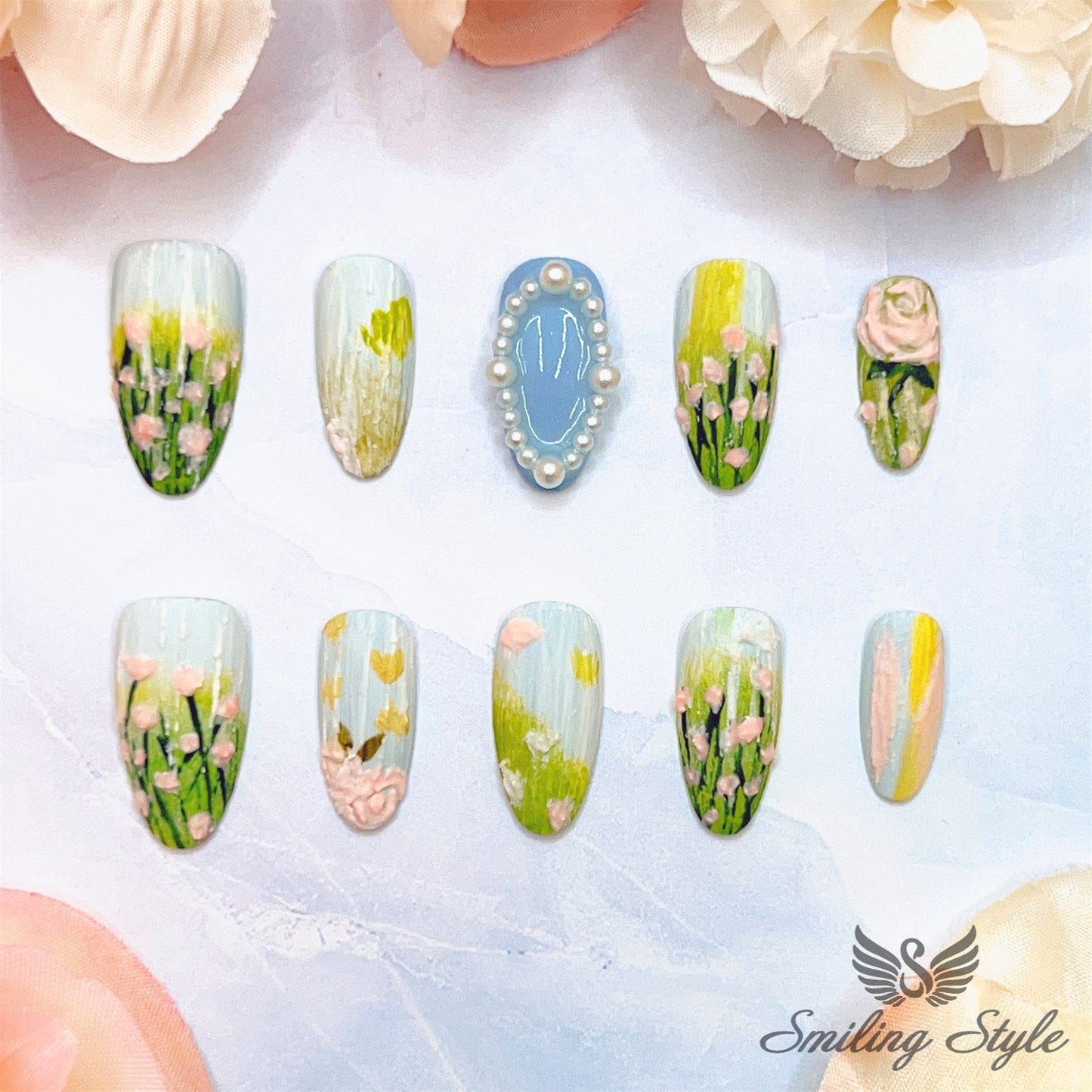 Flower Sea under Blue Sky Press On Nails by SMILINGSTYLE | Luxury Fake Nails | Reusable Nails | Handmade Nails