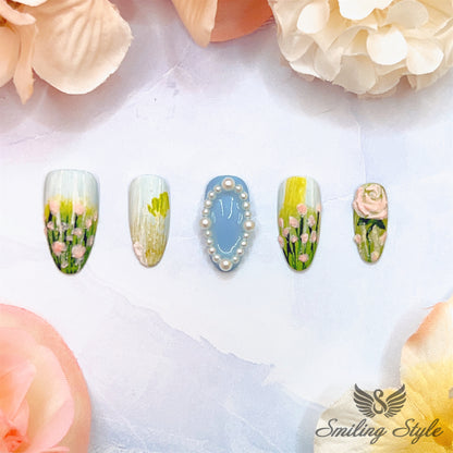 Flower Sea under Blue Sky Press On Nails by SMILINGSTYLE | Luxury Fake Nails | Reusable Nails | Handmade Nails