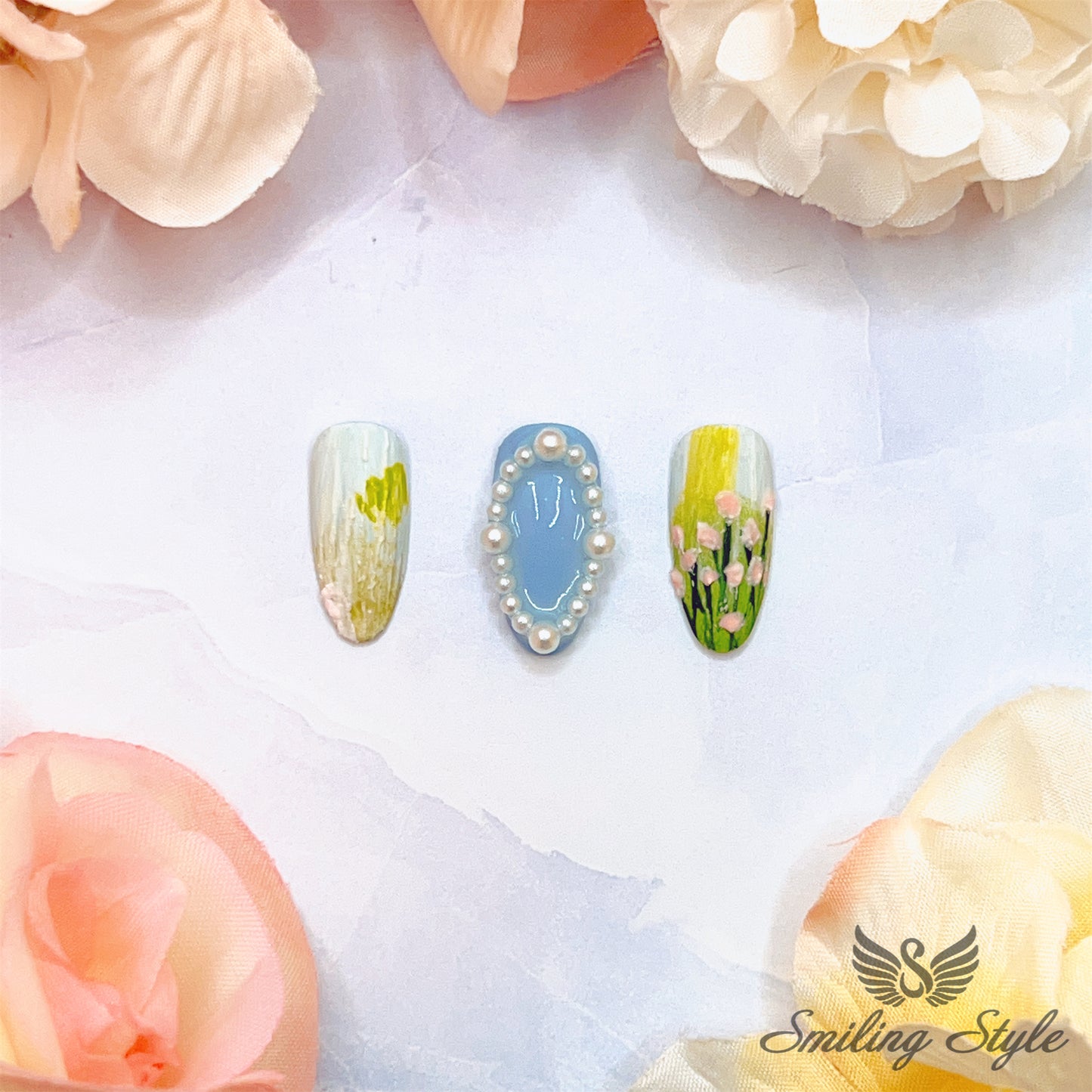 Flower Sea under Blue Sky Press On Nails by SMILINGSTYLE | Luxury Fake Nails | Reusable Nails | Handmade Nails