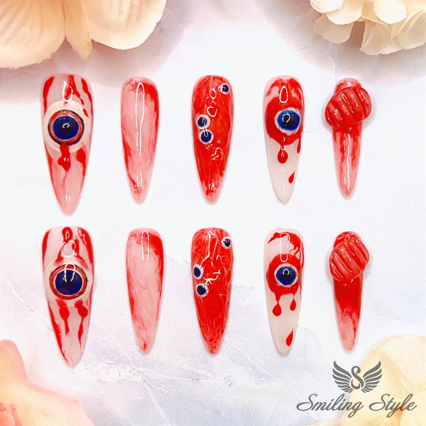 Scary Bloody Eyes Press On Nails by SMILINGSTYLE | Luxury Fake Nails | Reusable Nails | Handmade Nails