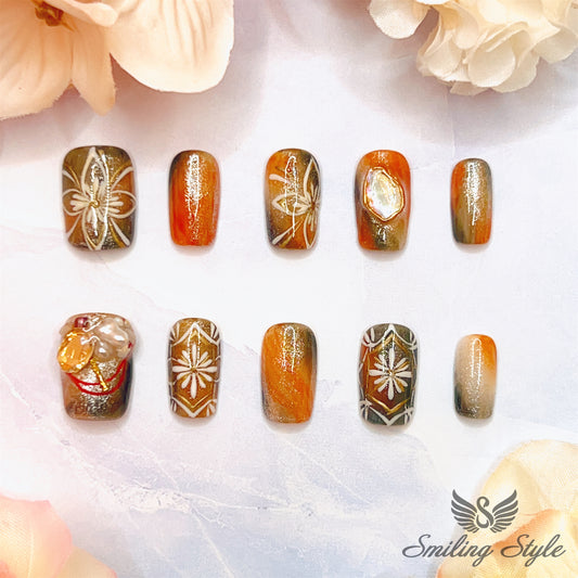 Vintage Totem Flower Press On Nails by SMILINGSTYLE | Luxury Fake Nails | Reusable Nails | Handmade Nails