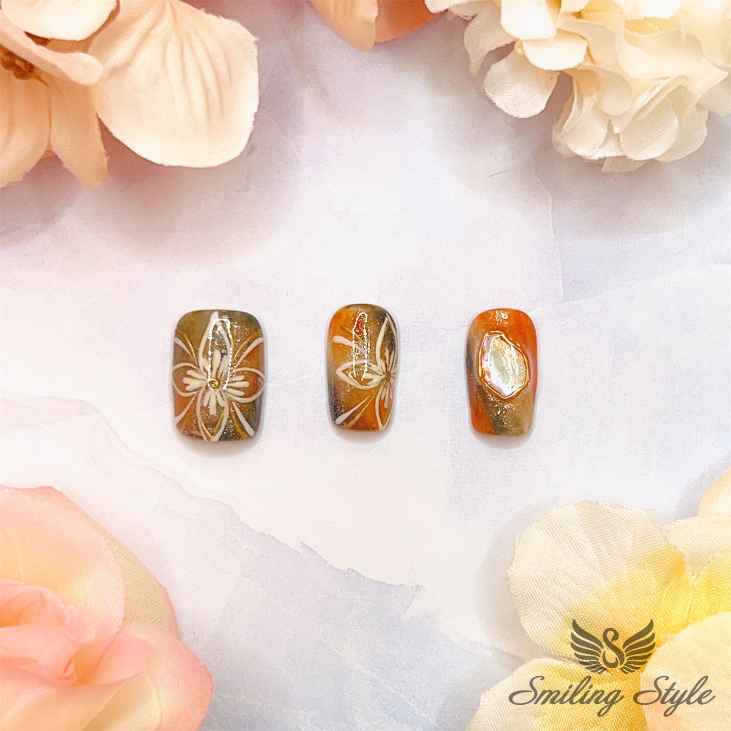 Vintage Totem Flower Press On Nails by SMILINGSTYLE | Luxury Fake Nails | Reusable Nails | Handmade Nails