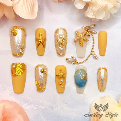 Under the Sun Stars and Seashell Press On Nails by SMILINGSTYLE | Luxury Fake Nails | Reusable Nails | Handmade Nails