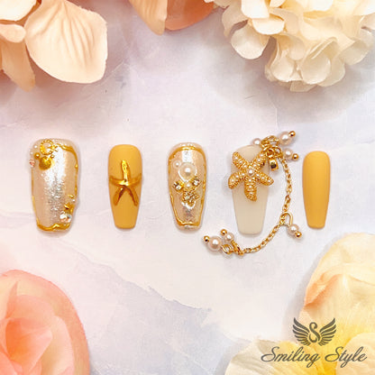 Under the Sun Stars and Seashell Press On Nails by SMILINGSTYLE | Luxury Fake Nails | Reusable Nails | Handmade Nails