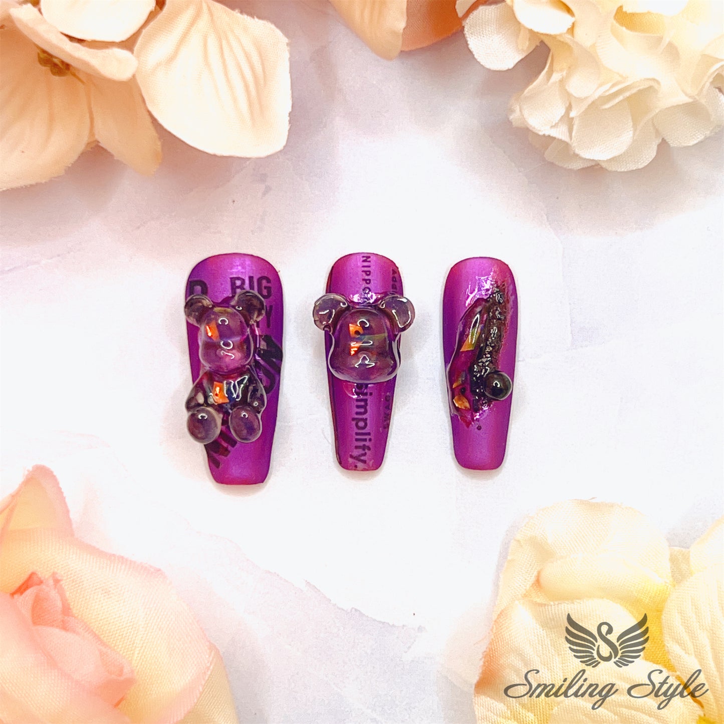 Purple Bear Break Press On Nails by SMILINGSTYLE | Luxury Fake Nails | Reusable Nails | Handmade Nails