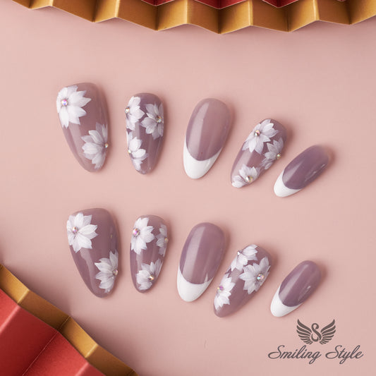 Night Time White Lotus Press On Nails by SMILINGSTYLE | Luxury Fake Nails | Reusable Nails | Handmade Nails